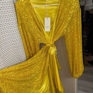 Vici Gold Sequin Wrap Dress with Waist Tie